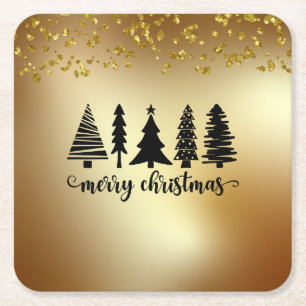 Gold Glitter Merry Christmas Tree  Square Paper Coaster