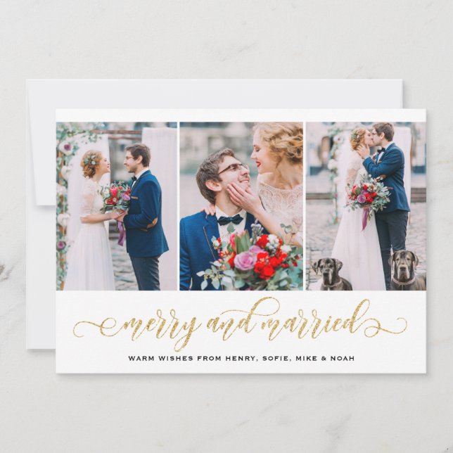Gold Glitter Merry & Married Photo Collage Holiday (Front)