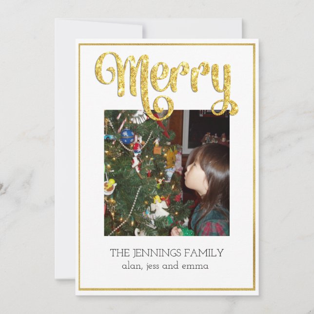 Gold Glitter Merry - Minimalist Photo Christmas Holiday Card (Front)