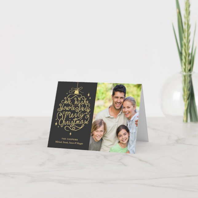 Gold Glitter Merry Wishes Family Christmas Photo Holiday Card (Front)