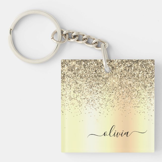 Gold Glitter Metal Monogram Glam Name Key Ring (Front)