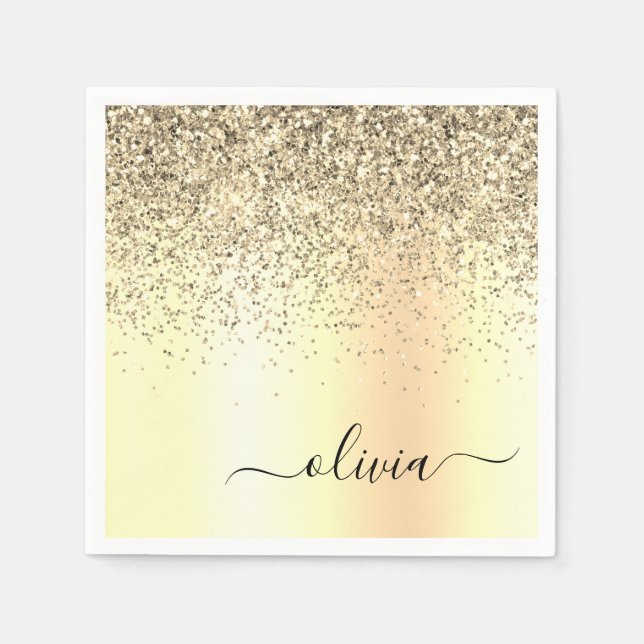 Gold Glitter Metal Monogram Glam Name Napkin (Front)