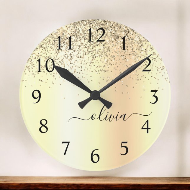 Gold Glitter Metal Monogram Glam Name Round Clock (Creator Uploaded)