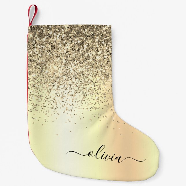 Gold Glitter Metal Monogram Glam Name Small Christmas Stocking (Front)