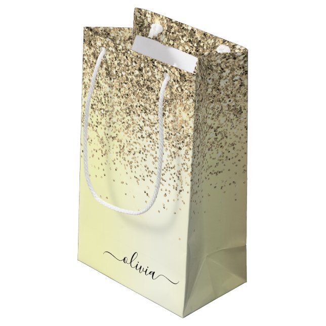 Gold Glitter Metal Monogram Glam Name Small Gift Bag (Back Angled)