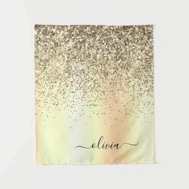 Gold Glitter Metal Monogram Glam Name Tapestry (Front)