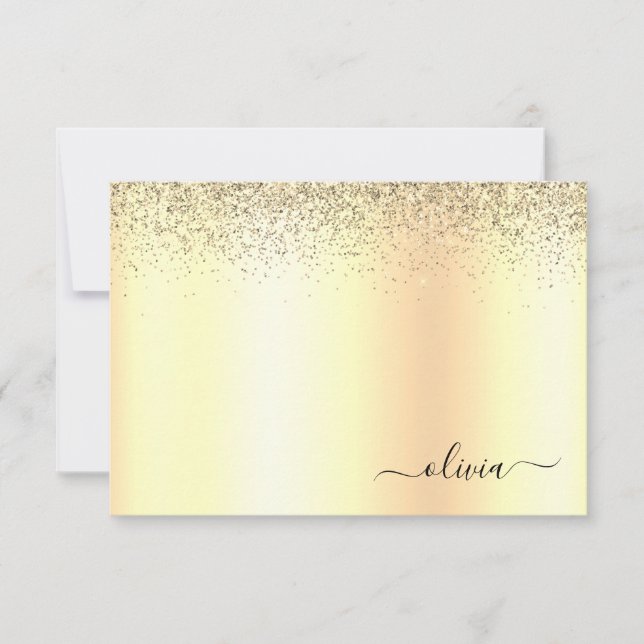 Gold Glitter Metal Monogram Glam Name Thank You Card (Front)