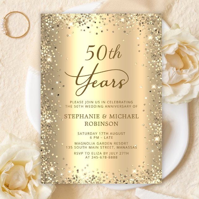 Gold Glitter Metallic 50th Wedding Anniversary Invitation (Creator Uploaded)