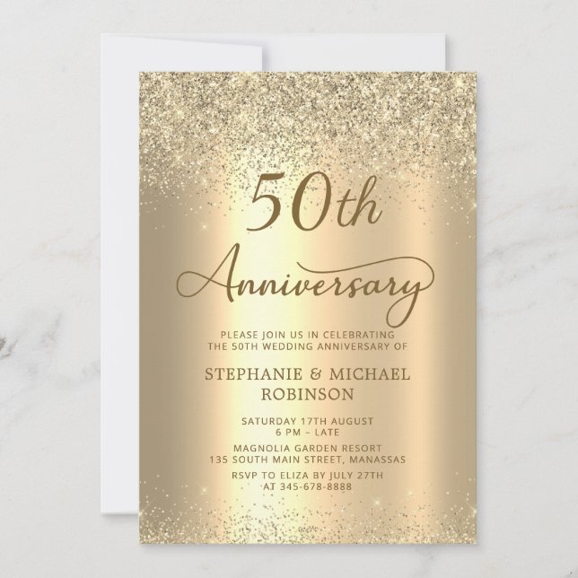 Gold Glitter Metallic 50th Wedding Anniversary Invitation (Front)