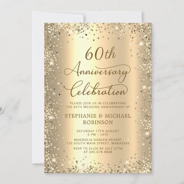 Gold Glitter Metallic 60th Wedding Anniversary Invitation (Front)