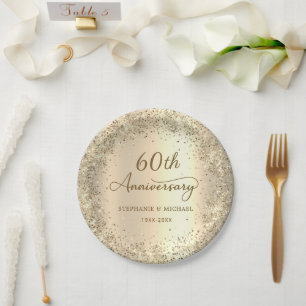 Gold Glitter Metallic 60th Wedding Anniversary  Paper Plate
