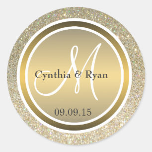 Gold Glitter & Metallic Bronze Wedding Monogram Classic Round Sticker