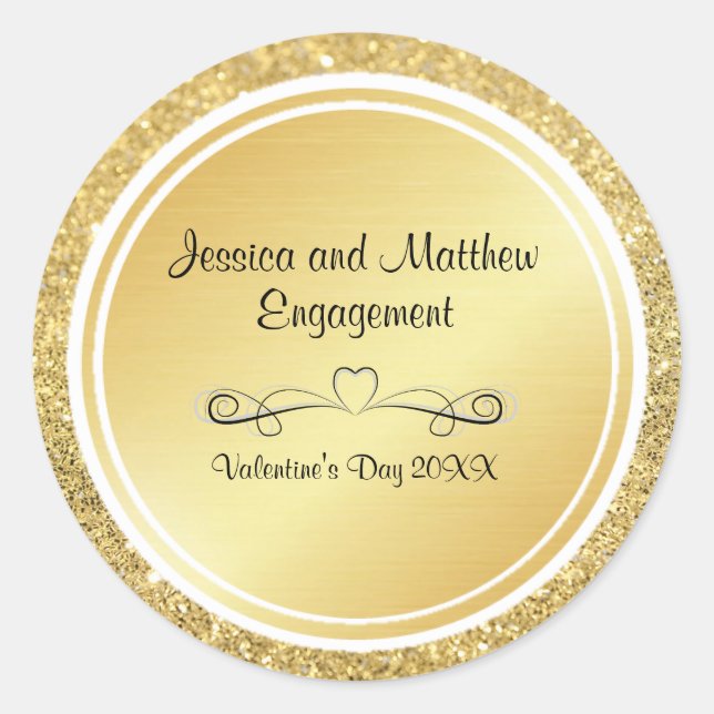 Gold Glitter & Metallic Engagement Personalised Classic Round Sticker (Front)