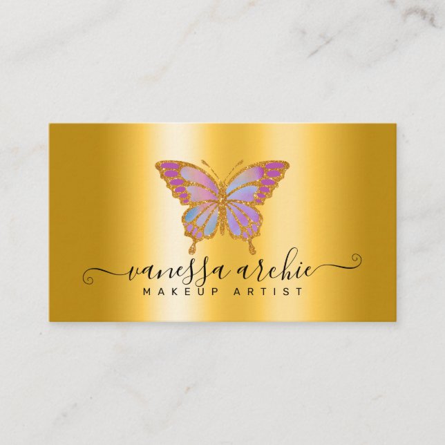 Gold Glitter Metallic Foil Butterfly Logo Business Card (Front)