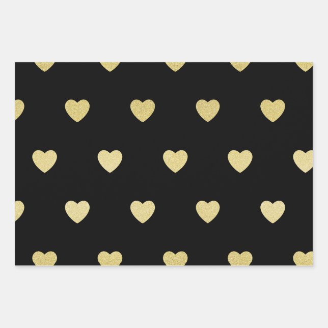 Gold Glitter Metallic Heart Black Red Purple Wrapping Paper Sheet (Front)