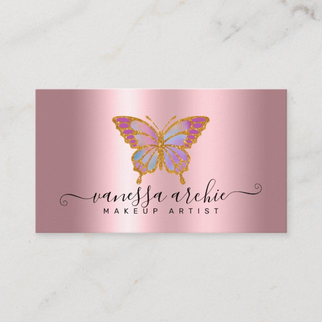 Gold Glitter Metallic Pink Foil Butterfly Logo Business Card (Front)