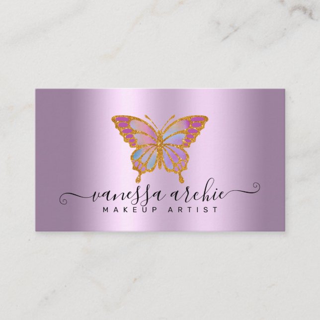 Gold Glitter Metallic Purple Foil Butterfly Logo Business Card (Front)