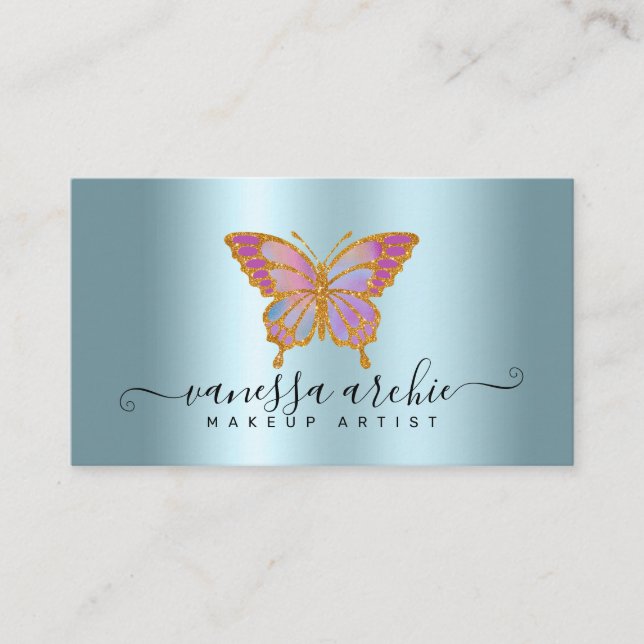 Gold Glitter Metallic Turquoise Foil Butterfly Business Card (Front)