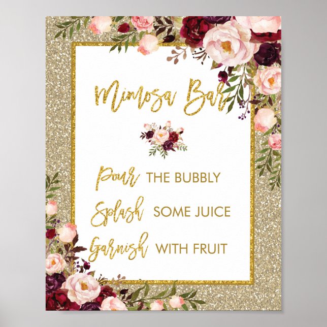 Gold Glitter Mimosa Bar Sign Floral Wedding Decor (Front)