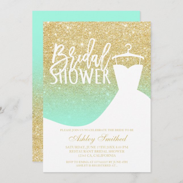Gold glitter mint elegant chic dress Bridal shower Invitation (Front/Back)