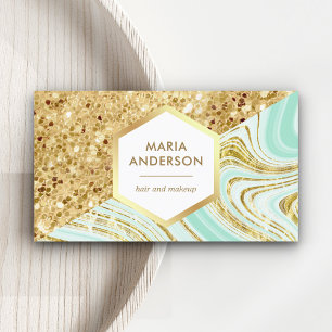 Gold Glitter Mint Green Marble Makeup Artist Business Card
