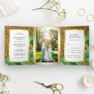 Gold Glitter Mint Green Marble Photo Wedding Tri-Fold Invitation