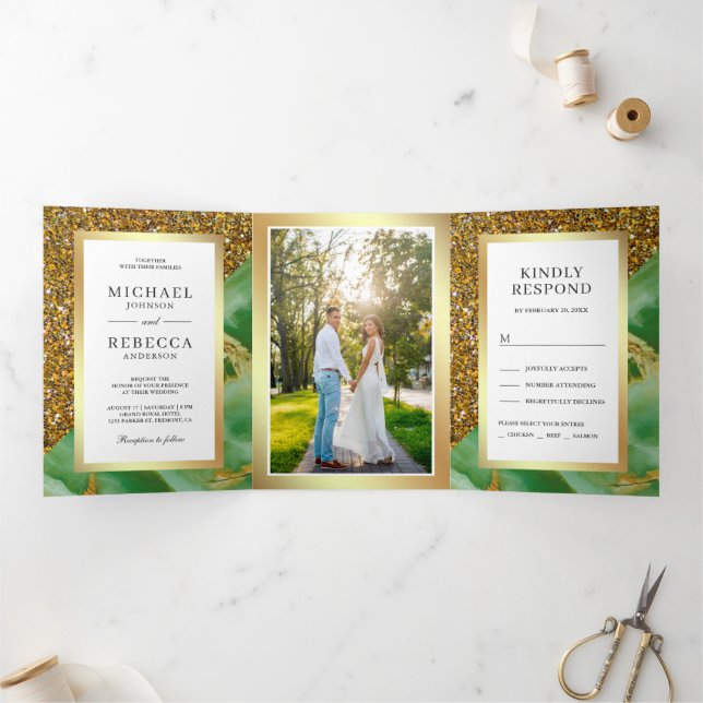 Gold Glitter Mint Green Marble Photo Wedding Tri-Fold Invitation (Inside)