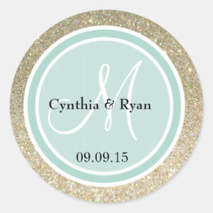 Gold Glitter & Mint Green Wedding Monogram Classic Round Sticker