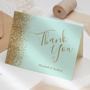Gold Glitter Mint Green Wedding Thank You Card