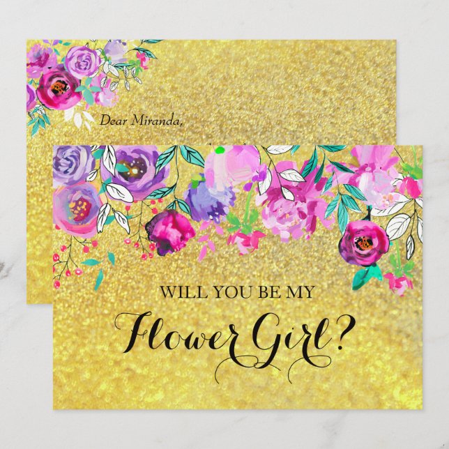 Gold Glitter Mint Purple Flowers Flower Girl Card (Front/Back)