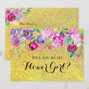 Gold Glitter Mint Purple Flowers Flower Girl Card
