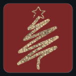Gold Glitter Modern Christmas Tree Square Sticker<br><div class="desc">Faux gold glitter modern holiday tree sticker. Holiday elegant red background makes this sticker so lovely. Perfect for all your holiday needs.</div>