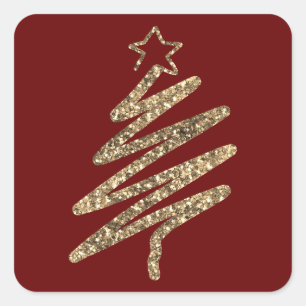 Gold Glitter Modern Christmas Tree Square Sticker