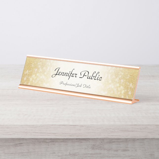 Gold Glitter Modern Elegant Trendy Template Desk Name Plate (Front)
