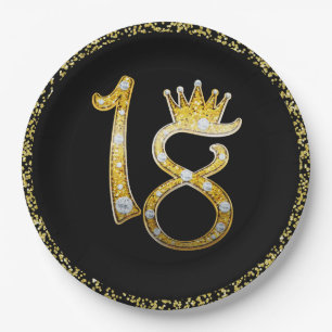 Gold Glitter Modern Glam 18th Crown Birthday 18 Paper Plate