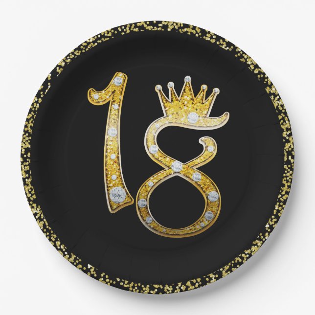 Gold Glitter Modern Glam 18th Crown Birthday 18  Paper Plate (Front)