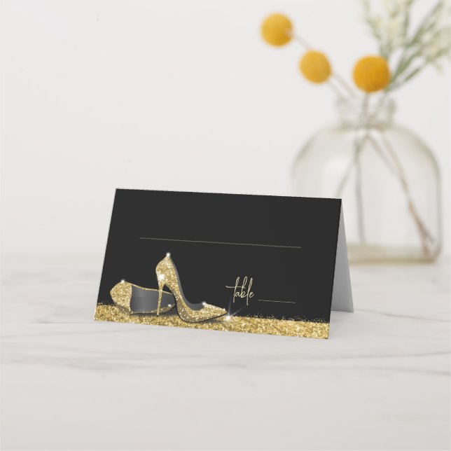 Gold Glitter Modern Glam High Heel Shoes Place Card (Front)