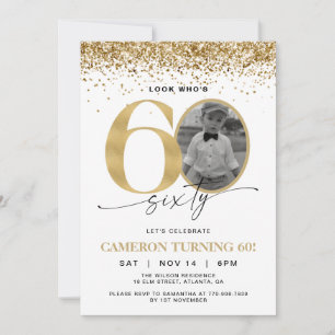 Gold Glitter Modern Photo 60th Birthday Invitation