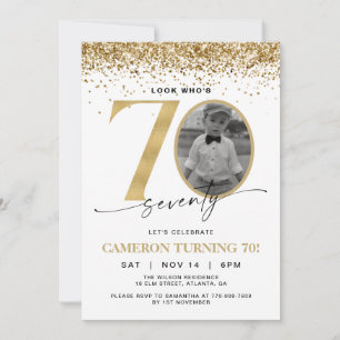 Gold Glitter Modern Photo 70th Birthday Invitation