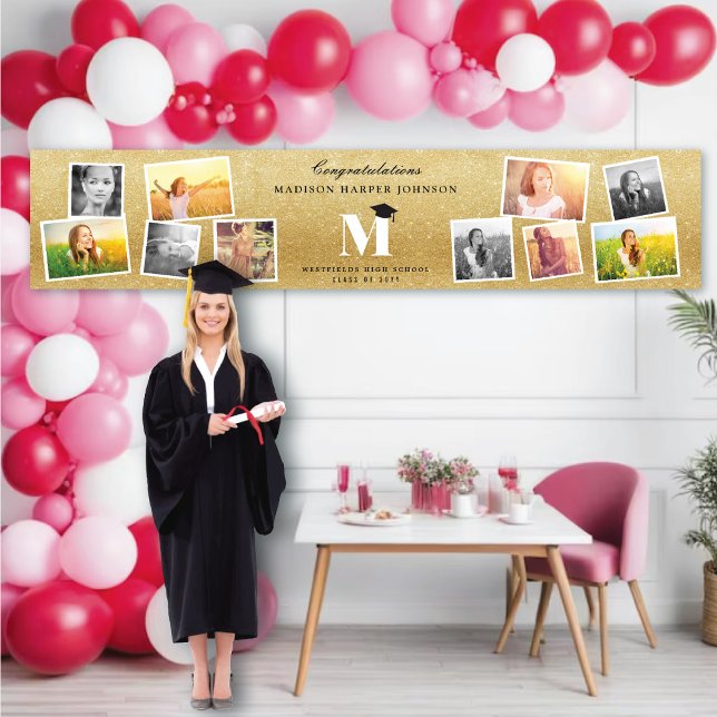 Gold Glitter Monogram 10 Photo Graduation Party Banner (Gold Glitter Name Monogram Stylish 10 Photo Graduation Party Banner @ www.zazzle.com/color_therapy)