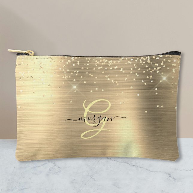 Gold Glitter & Monogram, Black Script Name Accessory Pouch (Creator Uploaded)