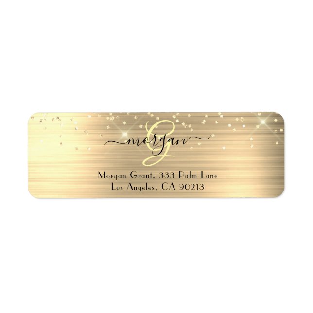 Gold Glitter & Monogram, Black Script Name Address (Front)