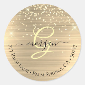 Gold Glitter & Monogram, Black Script Name Address Classic Round Sticker