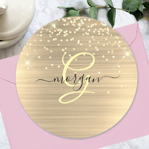 Gold Glitter & Monogram, Black Script Name Classic Round Sticker