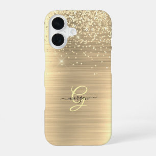 Gold Glitter & Monogram, Black Script Name iPhone 16 Case
