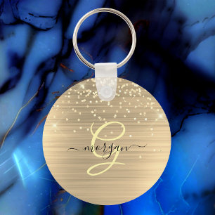Gold Glitter & Monogram, Black Script Name Key Ring