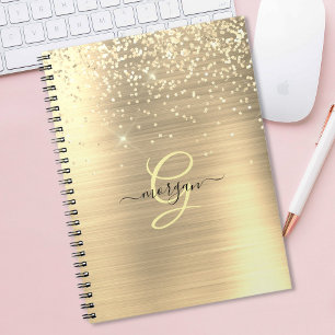 Gold Glitter & Monogram, Black Script Name Notebook