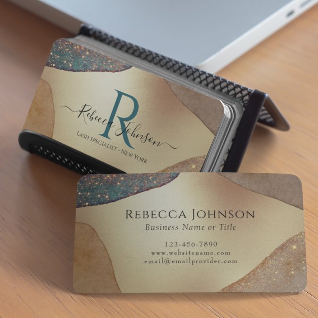 Gold Glitter Monogram  Business Card (Gold business card with blue monogram. )