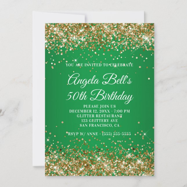 Gold Glitter Monogram Green Ombre 50th Birthday Invitation (Back)