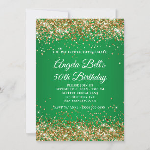 Gold Glitter Monogram Green Ombre 50th Birthday Invitation
